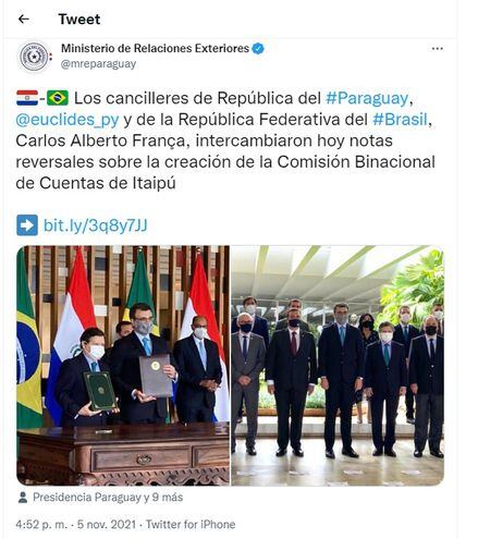 Tuit del MRE sobre creación de la Comisión Binacional de Cuentas de Itaipú.