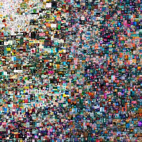 Esta imagen cortesía de Christie's muestra un collage digital de Beeple, a la venta en Nueva York.
