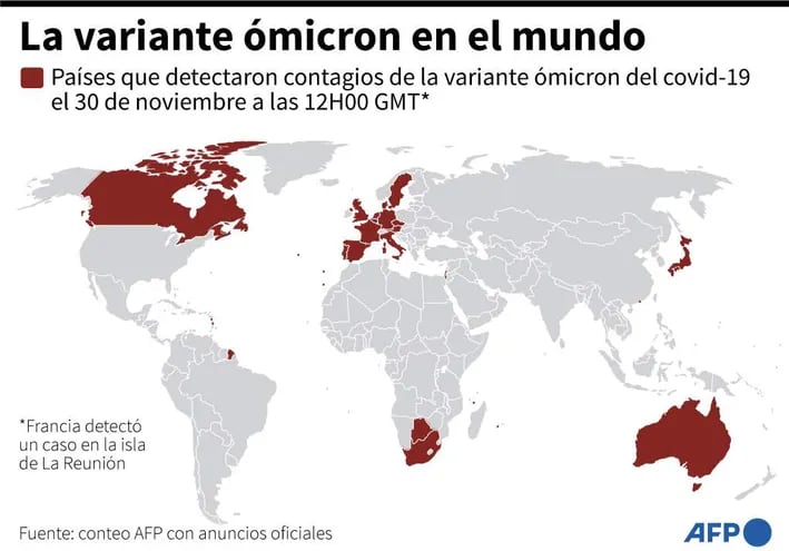 Mapamundi destacando los países que declararon haber detectado al variante ómicron del covid-19, el 30 de noviembre a las 12H00 GMT - AFP / AFP