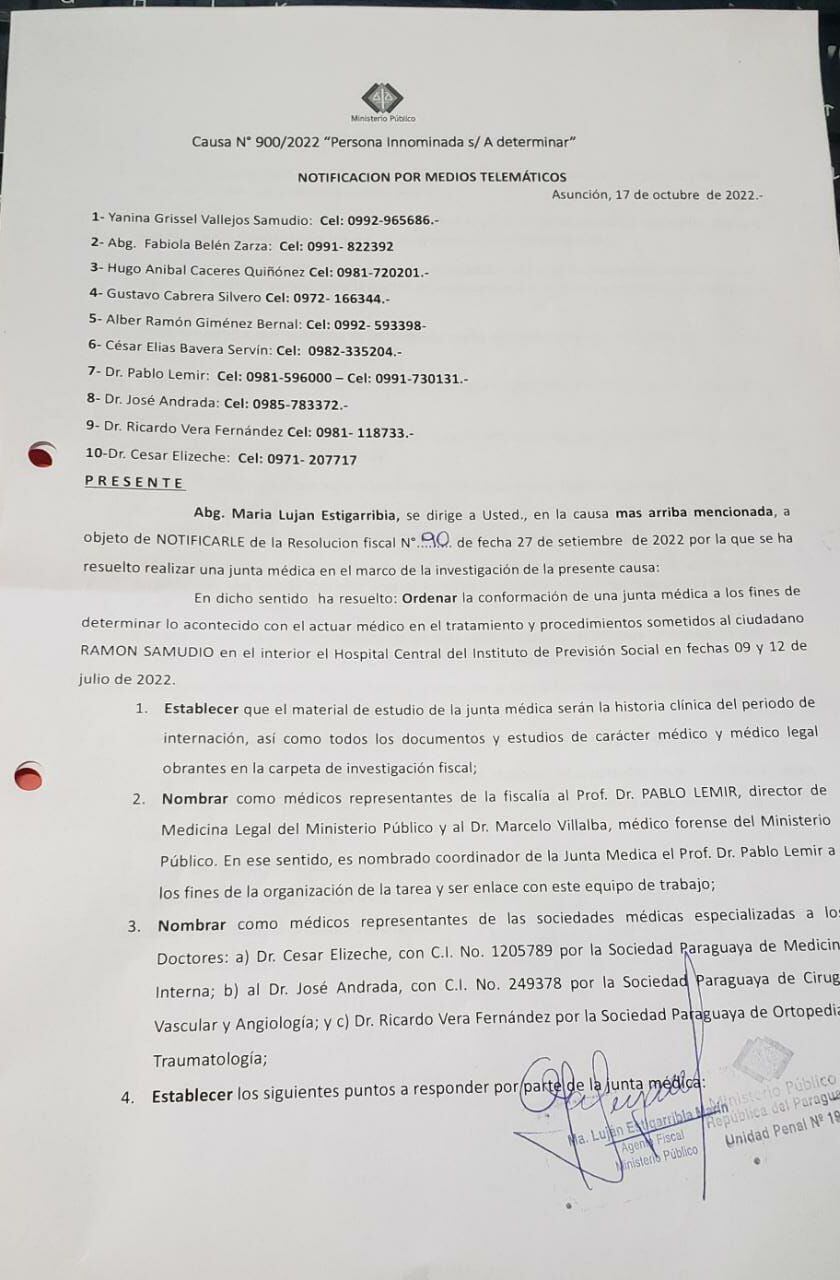 La notificación que recibió la familia de Ramón Samudio sobre la junta médica que peritará el trabajo de los médicos que le amputaron presuntamente de forma errónea una de sus piernas.