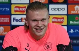 Manchester City's Norwegian striker #09 Erling Haaland attends a press conference at Manchester City's training ground in north-west England on March 5, 2024, on the eve of their UEFA Champions League Group round of 16 second-leg football match against FC Copenhagen. (Photo by Paul ELLIS / AFP)