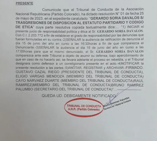 Nota remitida por el Tribunal de Conducta de la ANR en la que comunica la apertura del proceso contra Gerardo Soria.