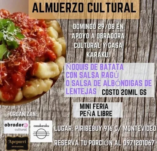 Afiche de la convocatoria solidaria sobre el almuerzo cultural en La Obradora.