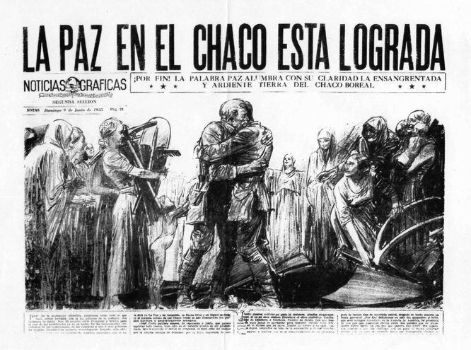 Portada de un diario argentino celebrando la paz en el Chaco.