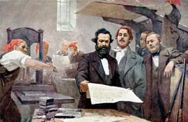 E. Chapiro: Marx y Engels en la imprenta de la Rheinische Zeitung (Instituto Marx-Engels, Moscú).