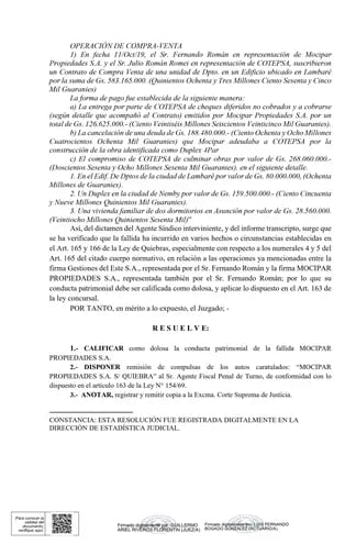 Resolución del juez Guillermo Riveros Florentín en el caso Mocipar Propiedades.