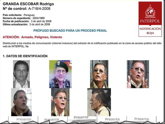 Facsímil de la notificación roja de Interpol contra Rodrigo Granda, emitida por pedido de Paraguay.