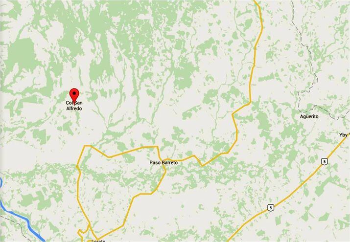 El ataque ocurrió en la estancia San José'i del distrito de San Alfredo (señalado con el punto rojo), a unos 80 kilómetros de la capital del departamento de Concepción.
