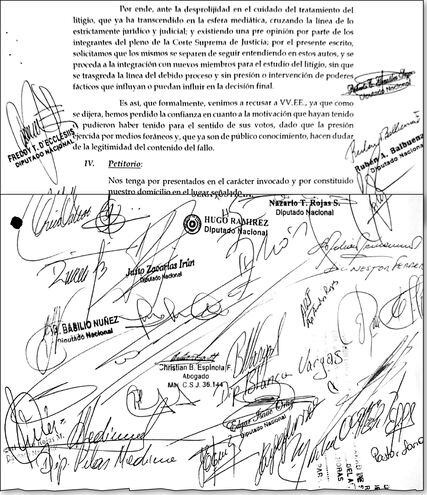 Una de las páginas del documento presentado por los diputados ante la Corte Suprema.