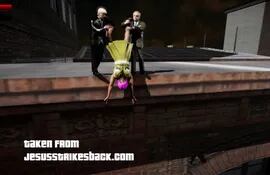 Donald Trump y Vladimir Putin arrojando a una feminista (“feminazi”, en el léxico de la ultraderecha) desde una azotea en el videojuego Jesus Strikes Back.