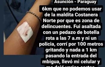 Una corredora denunció que fue atacada con una botella cortada en la Costanera Norte, a las 7:00. Cuando fue a hacer la denuncia, el agente policial le recomendó que "no corra sola en esa zona".