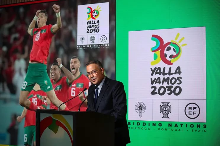 Lisboa (Portugal), 19/03/2024.- The president of the Moroccan Soccer Federation, Fouzzi Lekjaa, speaks during an event where the logo and video for the MoroccoPortugalSpain 2030 FIFA World Cup bid were presented, in Oeiras, Portugal, 19 March 2024. (Mundial de Fútbol, Marruecos, España) EFE/EPA/JOSE SENA GOULAO
