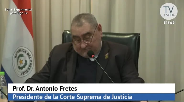 El presidente de la Corte, Antonio Fretes, durante su intervención ante la plenaria del 12 de julio del 2022.
