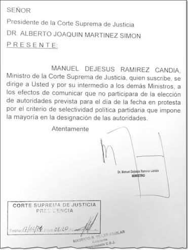 Reveladora nota presentada ayer por el ministro Manuel Ramírez,  que desnuda la politización  de la Corte.