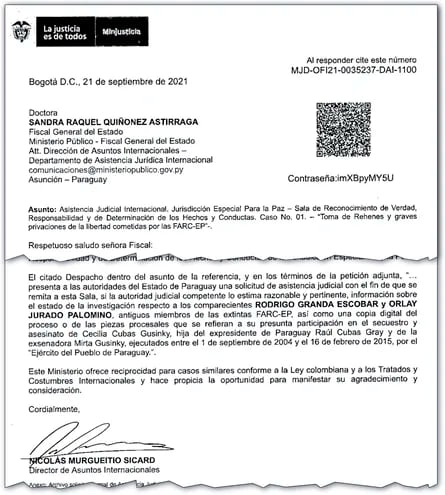 La nota enviada desde Colombia a la Fiscal General, Sandra Quiñónez, sobre Rodrigo Granda.