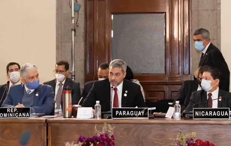 El presidente del Paraguay, Mario Abdo Benítez, durante su alocución en la cumbre de la Celac.