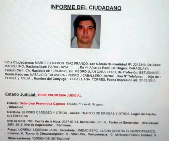Ficha policial del ahora fallecido Marcelo Ramón Díaz Franco.