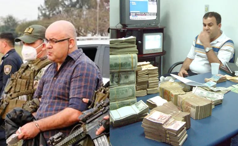 A la izquierda, foto actual de Kassen Mohamad Hijazi, cuando fue detenido. A la derecha, tras su primera detención en el 2004, con una pila de dinero.