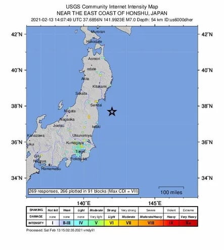 Mapa proveído por el Servicio Geológico de Estados Unidos, con la ubicación del epicentro del terremoto registrado hoy en el Japón.