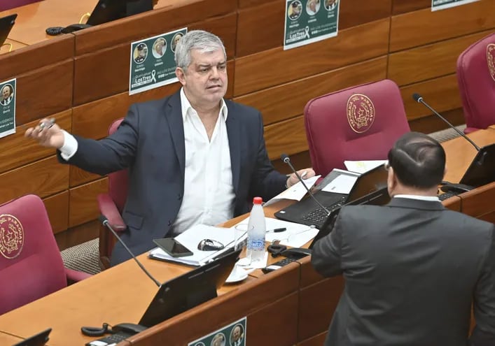 El senador Enrique Riera (ANR, HC) conversa con su colega Ramón Retamozo (ANR, FR).