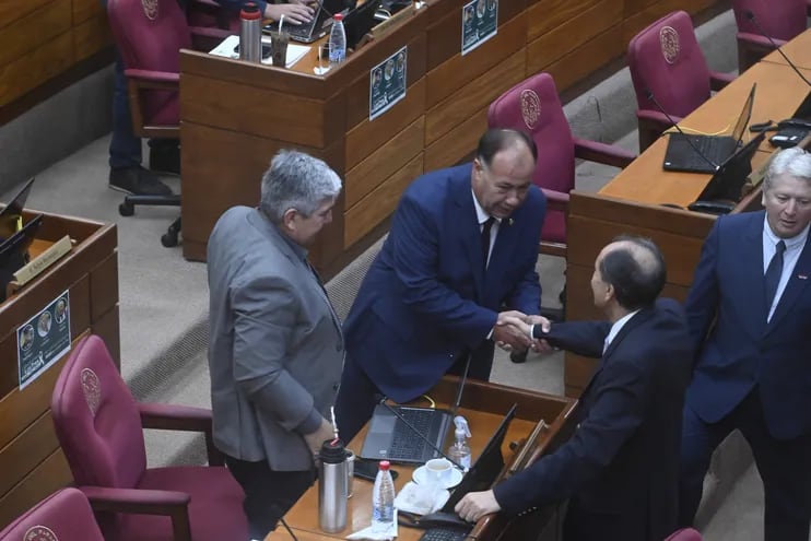Los senadores Juan Afara (ANR, FR) y el senador Eusebio Ramón Ayala (PLRA) se saludan.
