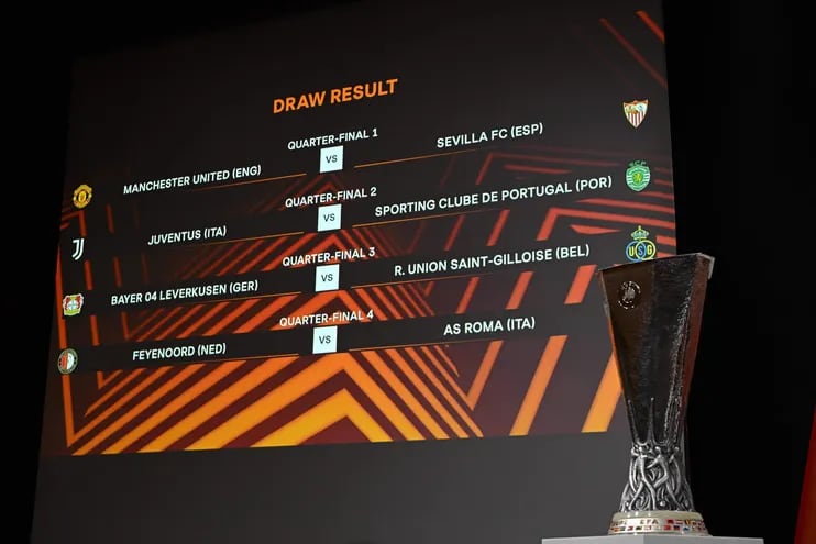 El trofeo de la Europa League y los cruces de los cuartos de final de la edición 2022-2023 después del sorteo realizado en Nyon, Suiza.