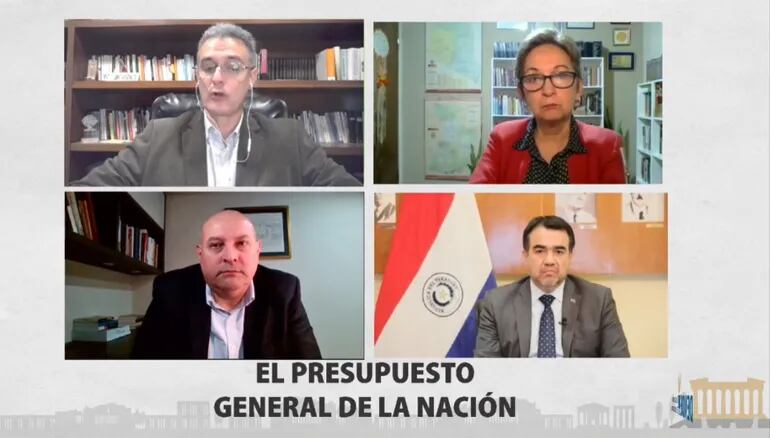 Yan Esperanza, Ella Duarte, César Barreto y el ministro de Hacienda, Óscar Llamosas, durante el debate realizado ayer sobre el PGN 2022 (Gentileza).