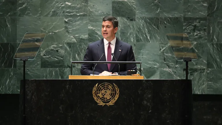 Santiago Peña, Presidente de Paraguay, durante su discurso en la 78º Asamblea de las Naciones Unidas. (gentileza).
