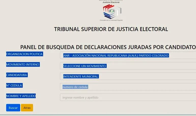 Vista de la web del TSJE para encontrar las declaraciones juradas de candidatos.