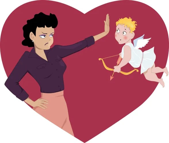 Ilustración de una mujer poniéndole un "alto" con la mano a "Cupido".