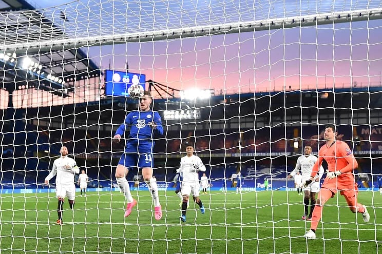 Timo Werner anota el primer gol del Chelsea en la semifinal ante el Real Madrid.