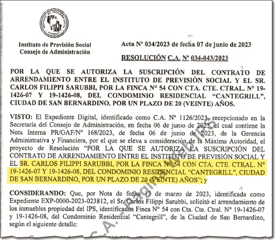 Disposición de autorización a favor de Carlos Raimundo Filippi Sarubbi para firmar los acuerdos.