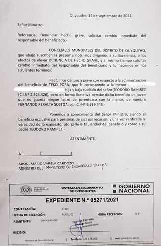 La nota presentada por los concejales al Ministro de Desarrollo Social, Mario Varela Cardozo