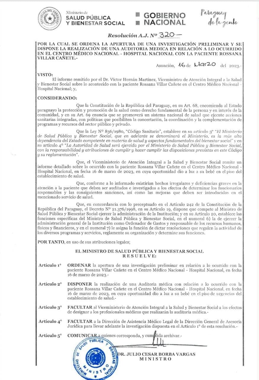 Resolución N° 320 que establece una investigación preliminar y auditoría médica en el Hospital Nacional de Itauguá.
