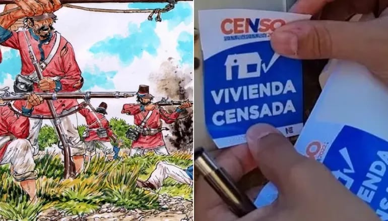 Imagen de referencia: ilustración sobre la Guerra de la Triple Alianza y una calcomanía del Censo Nacional 2022.