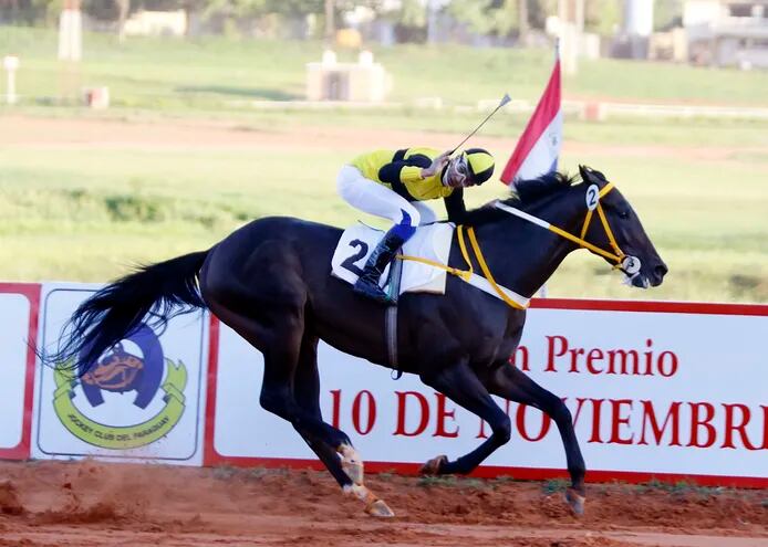 El jockey Juan Figueredo, el más ganador, así como el caballo Acteón a quien monta, en esta foto.