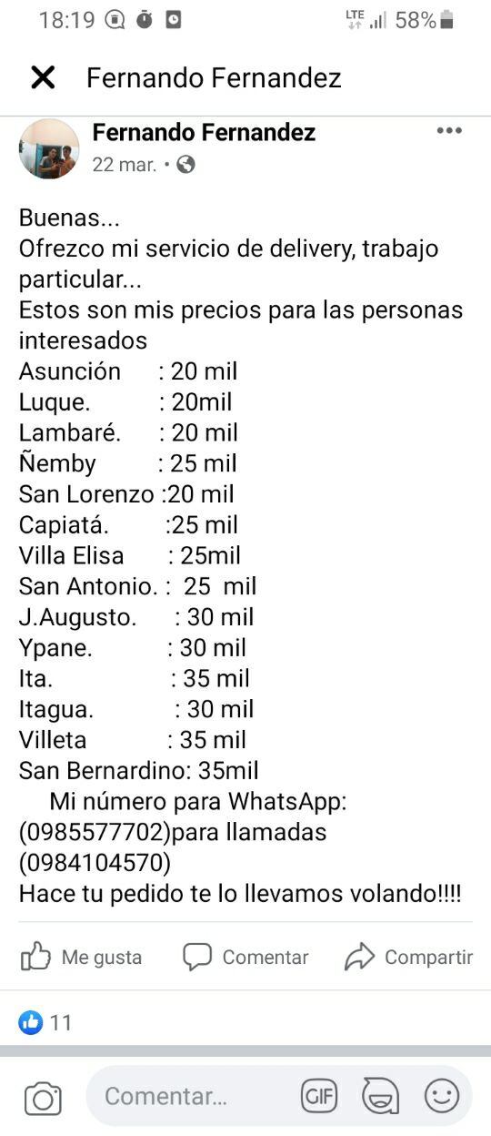 La oferta de Fernando Fernández, a través de su perfil en Facebook, de los servicios de delivery, con el precio según la ciudad de destino.