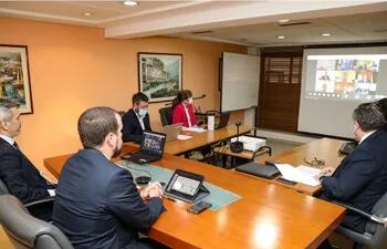 Iván Haas, viceministro de Economía, y Humberto Colmán, miembro del directorio del BCP, participaron de la reunión virtual realizada en la fecha (Foto gentileza de Hacienda).