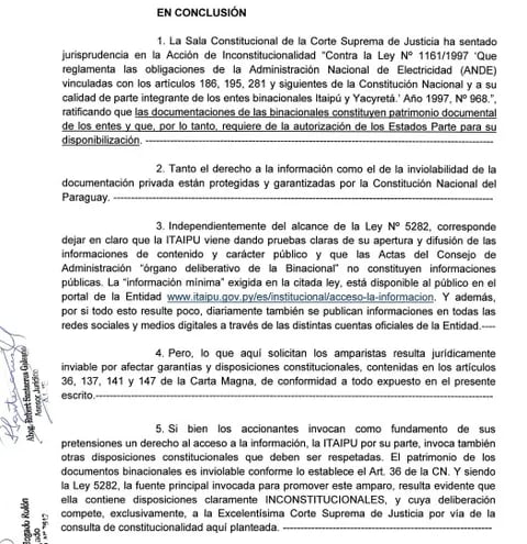Respuesta de Itaipú ante el amparo presentado por la Sociedad de Comunicadores del Paraguay.