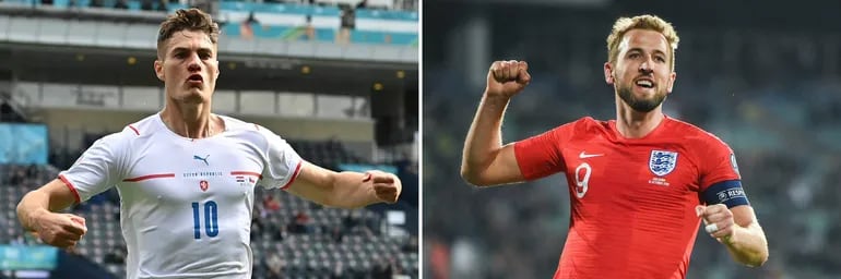 A combination of file pictures created on June 20, 2021 shows Czech Republic's forward Patrik Schick (L) in Glasgow on June 18, 2021 and England's forward Harry Kane in Sofia on October 14, 2019. - Czech Republic face England in their third and final UEFA EURO 2020 Group D football match at Wembley Stadium in London on June 22, 2021. (Photo by Paul ELLIS / POOL / AFP)