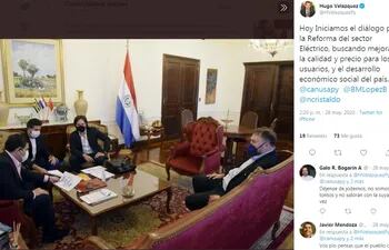 El vicepresidente Hugo Velázquez  tuiteó la foto de la reunión en la que hablaron de la reforma.