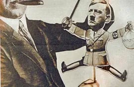 Fritz Thyssen manejando al títere Adolf Hitler en la portada del Arbeiter Illustrierte Zeitung del 10 de agosto de 1933.