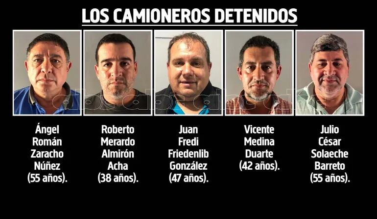 Los cinco líderes camioneros que fueron detenidos por un supuesto pedido de coima al Gobierno.