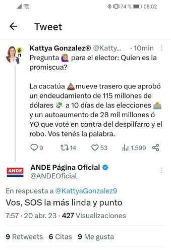 La respuesta de la cuenta de la Ande al tuit de Kattya González.