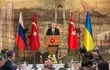 El presidente de Turquía, Recep T. Erdogan (C, arriba) se dirige a las delegaciones de Rusia y Ucrania en la apertura de las conversaciones para alcanzar un alto el fuego.