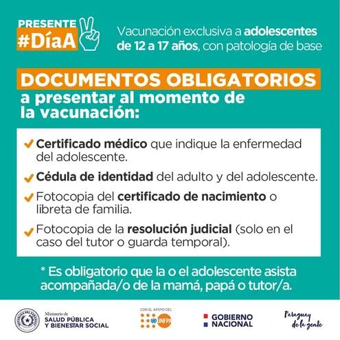 Documentos requeridos para la vacunación de adolescentes con comorbilidades.