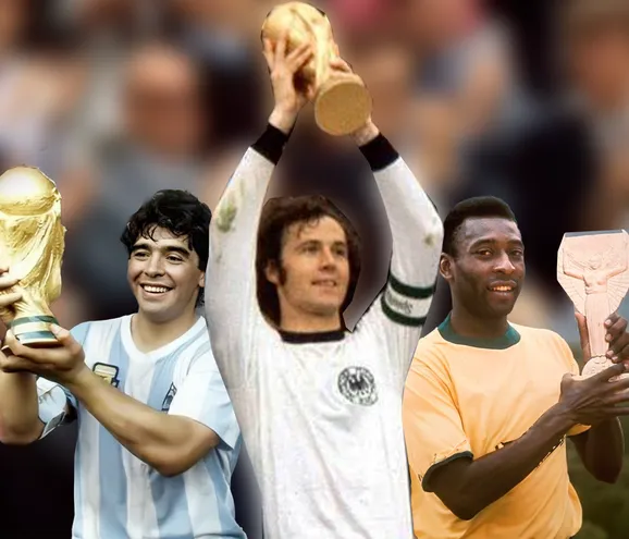 Diego Maradona, campeón mundial en 1986,  Beckenbauer (1974 como jugador y 1990 como técnico) y Pelé (1958, 1962 y 1970).