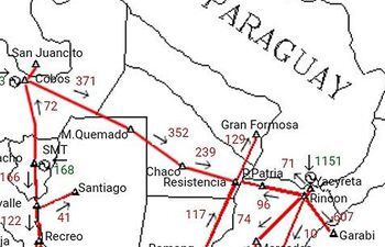 La línea roja que parte de la central Yacyretá muestra la dirección del flujo eléctrico; una vincula la central con Garabi.