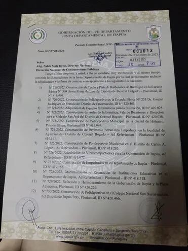 Nota ingresada a la DNCP donde se pide la “paralización del proceso licitatorio” en nada menos que 15 llamados a licitación realizados por el gobernador, Christian Brunaga (ANR).
