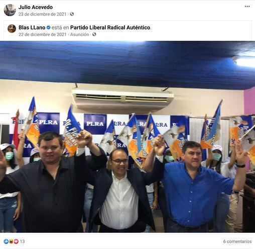Publicación en Facebook de Julio Acevedo, respaldando la candidatura a  presidente de Hugo Fleitas (c), propuesto por Dionisio Amarilla y Blas Llano.